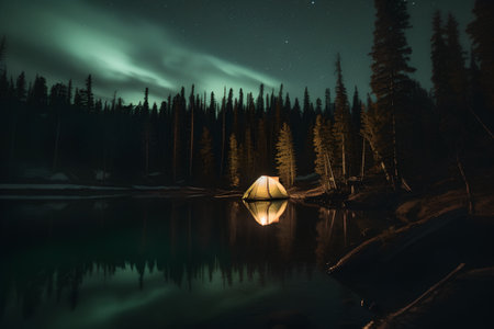 Fantastic night landscape with a tent in the middle of a forest lake.の素材