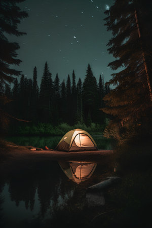 Camping in the forest at night with a view of the lake.の素材
