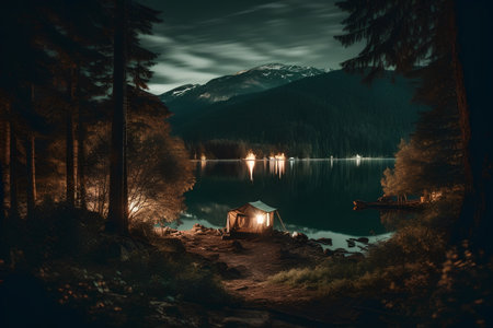 Mountain lake in the woods at night with a tent on the shoreの素材