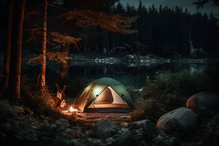 Camping on the shore of a lake at night in the forest.の素材