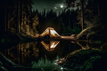Tent on the lake at night in the forest. Mixed mediaの素材