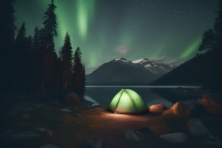 Aurora borealis, northern lights over lake and camping tent.の素材