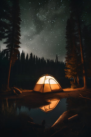 Camping in the forest at night with a view of the starry sky.の素材
