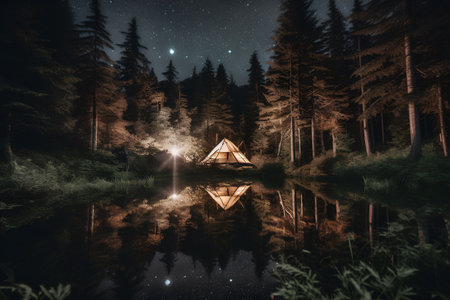 Camping in the forest at night. 3D Rendering.の素材
