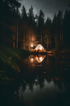 Night camping on the lake in the woods. Camping in the forest at night.の素材