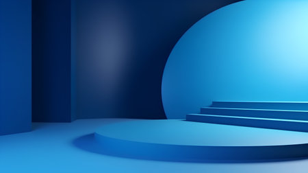 Blue podium in the blue room. 3D render. Abstract background.の素材