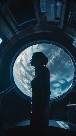 Beautiful young woman looking out of the window of a spaceship.の素材