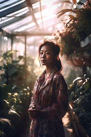 Beautiful asian woman in the garden. Natural light in the greenhouse.の素材