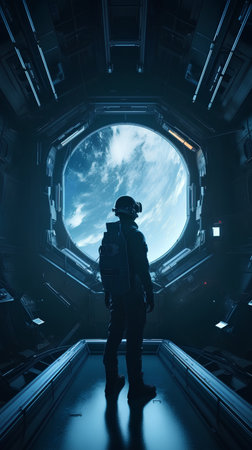 Astronaut in the futuristic space station. 3D rendering.の素材