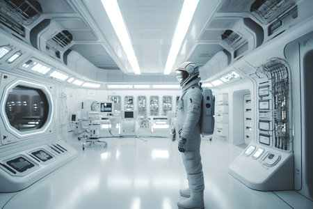 Astronaut in futuristic space station. 3d rendering toned imageの素材