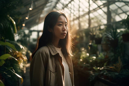 Beautiful young asian woman working in a greenhouse, stock photoの素材