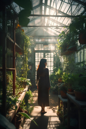 Beautiful asian woman walking in a greenhouse. Greenhouse concept.の素材