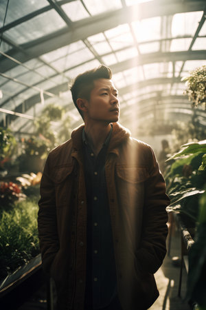 Portrait of young handsome Asian man in the greenhouse. Male fashion.の素材