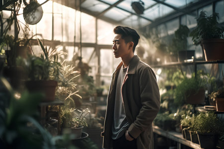 Portrait of a handsome asian man working in a greenhouse.の素材