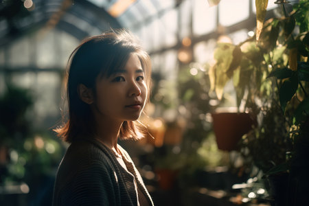 Portrait of beautiful asian woman looking at camera in flower shopの素材