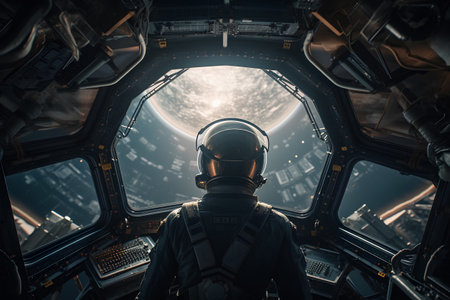 View from the window of an astronaut's spaceship in outer space.の素材