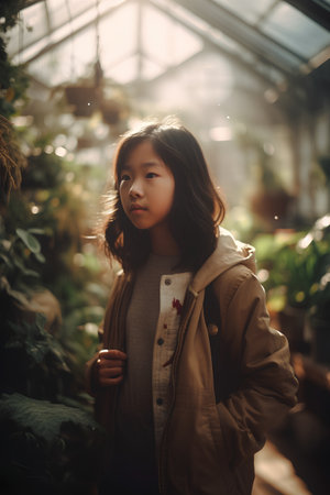 Cute asian child girl in a greenhouse. Selective focus.の素材