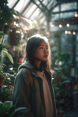 Portrait of a beautiful young asian girl in a greenhouse.の素材