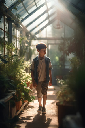 Little boy with backpack walking in a greenhouse with potted plants.の素材