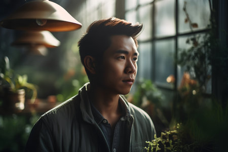 Portrait of handsome young asian man working in flower shop.の素材