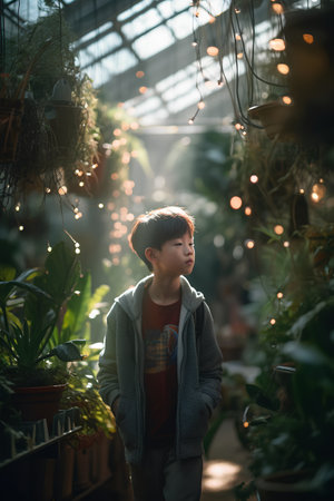 Portrait of a little boy in a greenhouse with plants and lightsの素材
