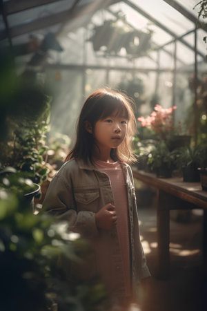 Portrait of asian little girl in a greenhouse. Vintage tone.の素材