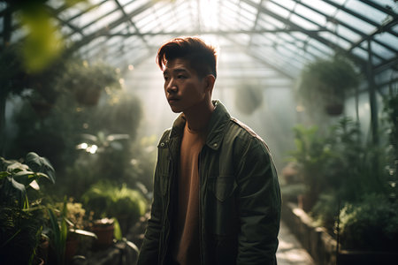 Portrait of young handsome asian man in green jacket in greenhouseの素材