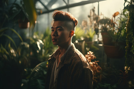 Young handsome asian man in a garden. Greenhouse concept.の素材