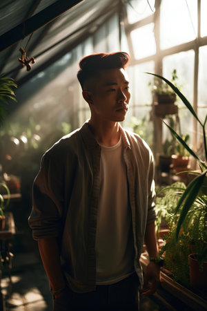 Portrait of handsome young Asian man standing in greenhouse, looking awayの素材