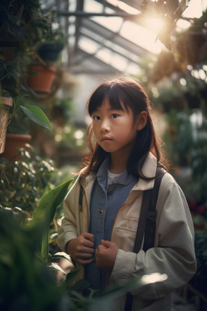 Portrait of a cute little girl in a greenhouse. Cute asian child in a green house.の素材
