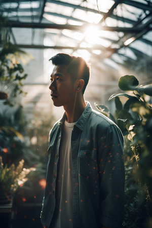 Portrait of handsome young asian man in a greenhouse with plants.の素材