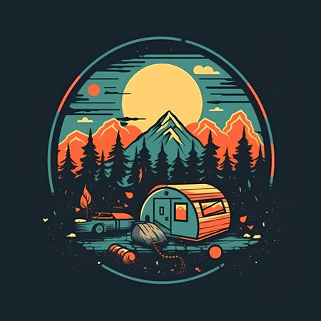 Camping in the mountains. Vector illustration in retro style on dark background.の素材