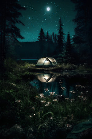 camping on the lake at night with starry sky and moonの素材