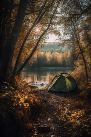Camping in the autumn forest on the bank of the river.の素材