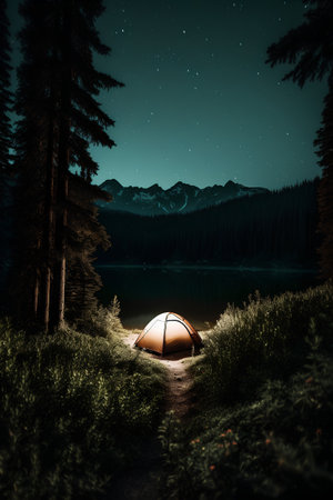 Camping on a lake in the mountains at night with a tentの素材