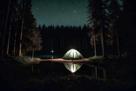 Camping tent in the forest at night. Night camping in the woods.の素材