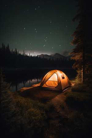 Camping tent on the lake at night with beautiful starry sky.の素材