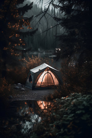 Camping tent in the forest at night. Camping concept.の素材
