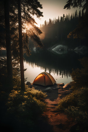 Camping on the shore of a mountain lake in the forest.の素材
