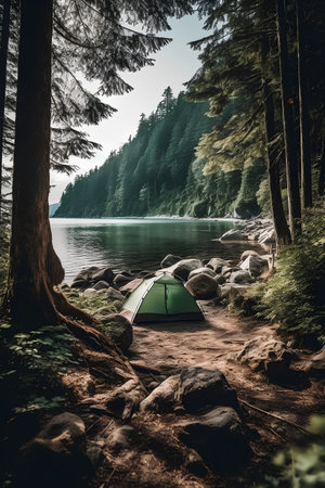 Camping on the shore of a lake in the forest. Toned.の素材