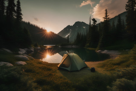 Camping tent in the mountains at sunset. 3D Renderingの素材