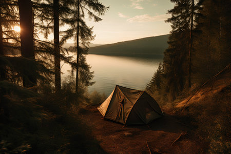 Camping on the shore of a lake in the forest at sunsetの素材