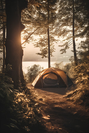 Camping tent in the forest at sunrise. Camping concept.の素材