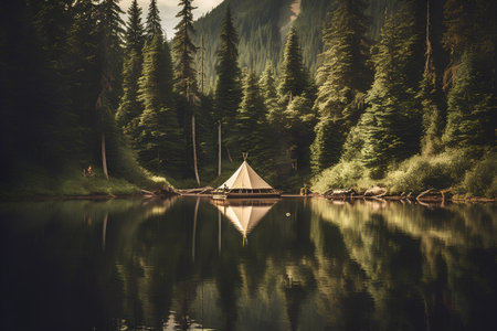 Camping tent on a lake in the mountains. Toned.の素材