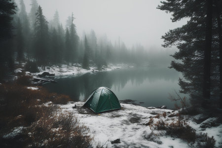 Camping on the shore of a mountain lake in the winter forestの素材