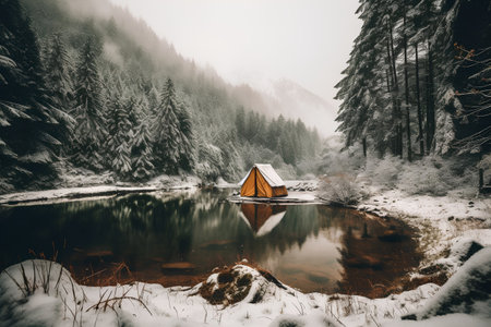 Beautiful winter landscape with a tent on the shore of a mountain lakeの素材