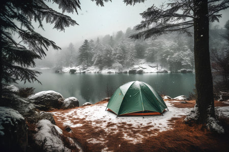 Camping on the shore of a mountain lake in the winter forestの素材