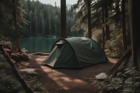 Camping tent on the lake in the forest. Toned.の素材