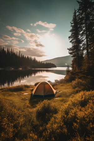 Camping on the shore of Lake Tahoe, California, USAの素材