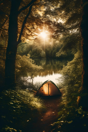 Tent on the shore of a lake in the forest at sunriseの素材